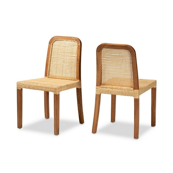 Baxton Studio Caspia Mid-Century Modern Walnut Brown Finished Wood and Natural Rattan 2-Piece Dining Chair Set
