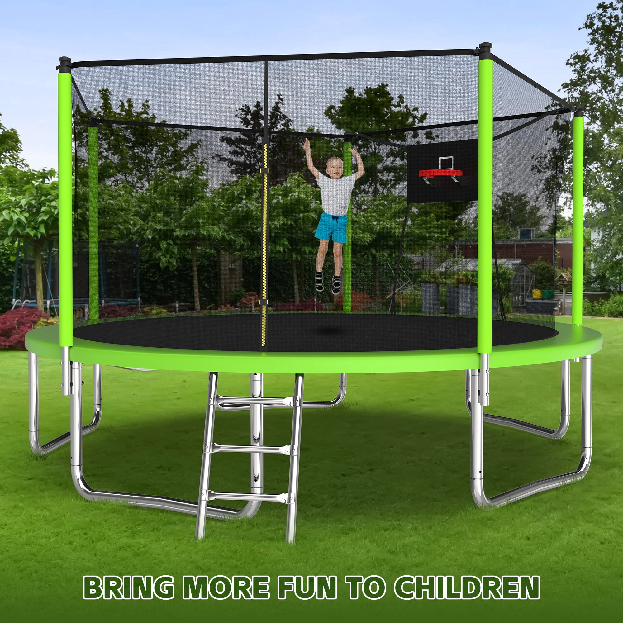 Leumius 14ft Trampoline with Basketball Hoop,Outdoor Trampoline with with Enclosure Net,Heavy-Duty Backyard Trampoline for Adults and Kids,Green