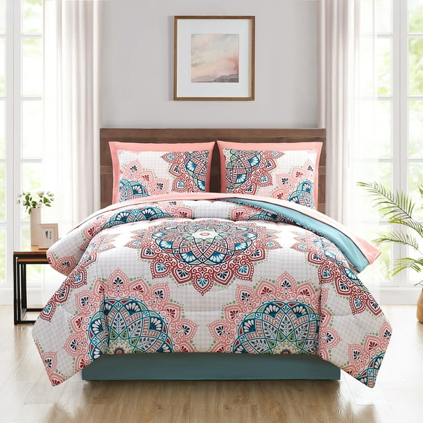 Mainstays Pink and Teal Medallion 8 Piece Bed in a Bag Comforter Set