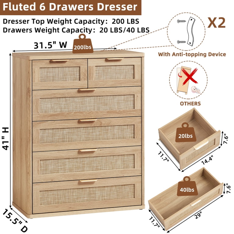2 Pack 6 Drawer Double Dresser, Natural Wood Storage Cabinet with
