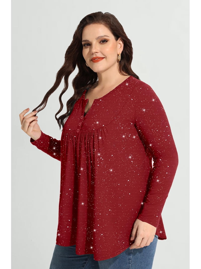 VISLILY Women's Plus Size Christmas Henley Shirt - Long Sleeve Button-Up Blouse With Pleated Detail, Holiday Print