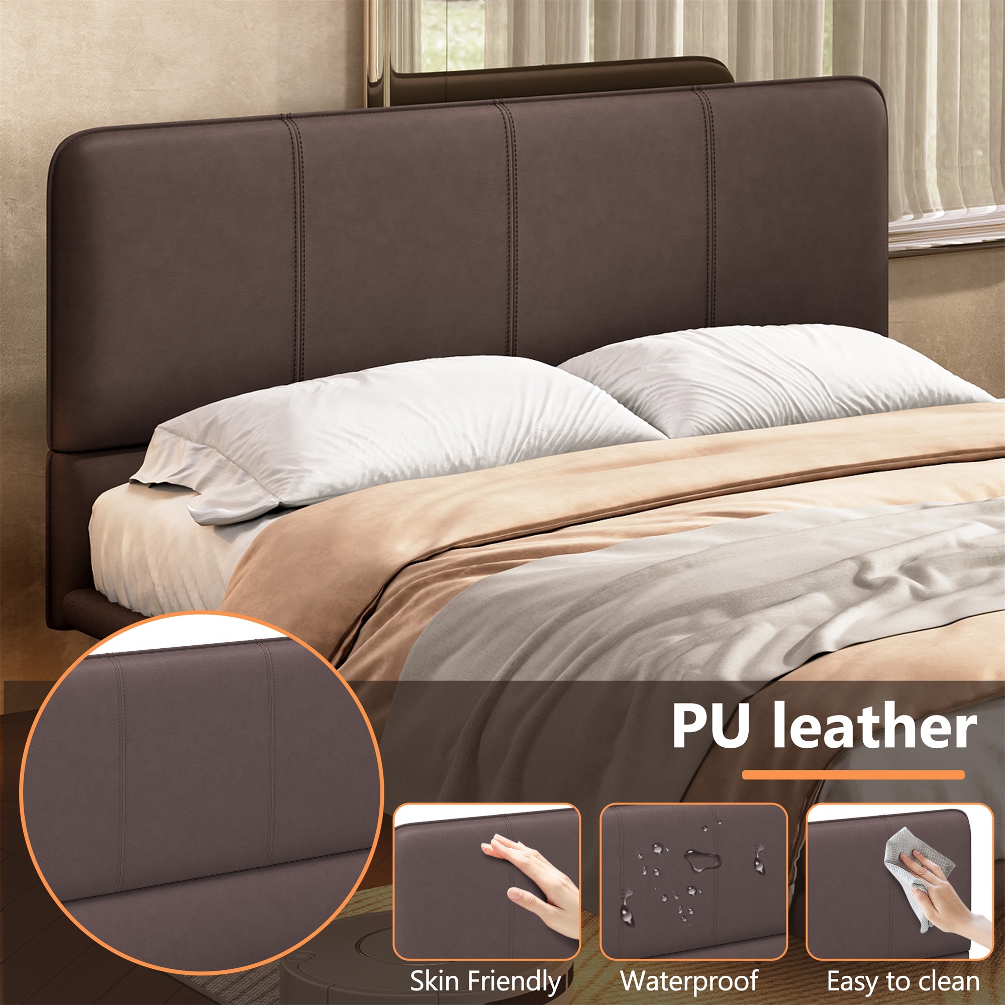 Alvantor Modern Floating Platform Bed Frame with LED Lights, Full Size, Coffee PU Leather Upholstery