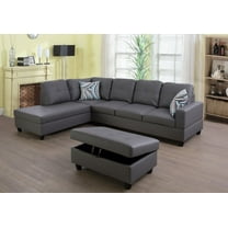 PonLiving Furniture Faux Leather Grey Left Hand Facing 3 Piece Sectional L-Shaped Modern Sofa with Chaise Storage Ottoman and Pillows for Living Room Furniture