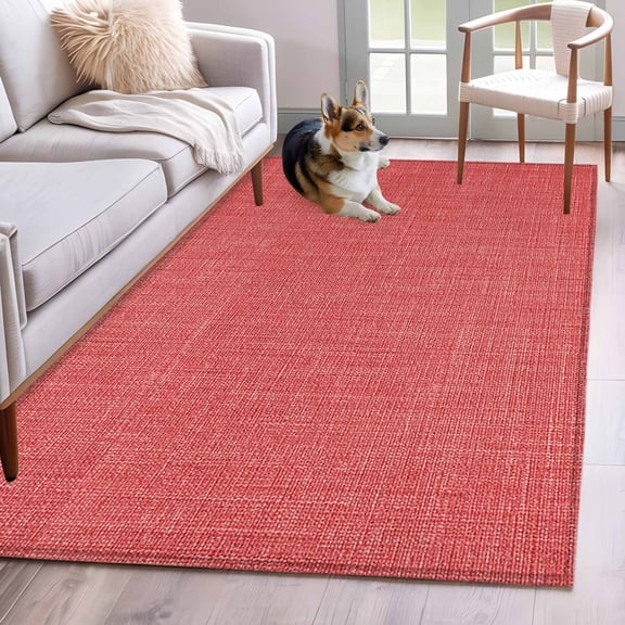Coral Red Linen Area Rugs 4x6 ft Farmhouse Pure Color Country Vintage Washable Rug Non Slip Indoor Carpet Absorbent Floor Mat for Living Room Bedroom Dining Room