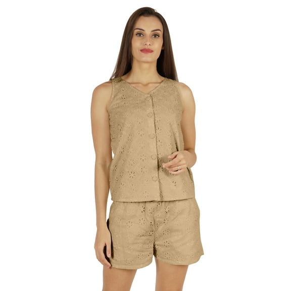 Bimba Solid Schiffli Top & Short Nightwear Set For Womens Casual 2 pcs Sexy Lounge Sleepwear Set