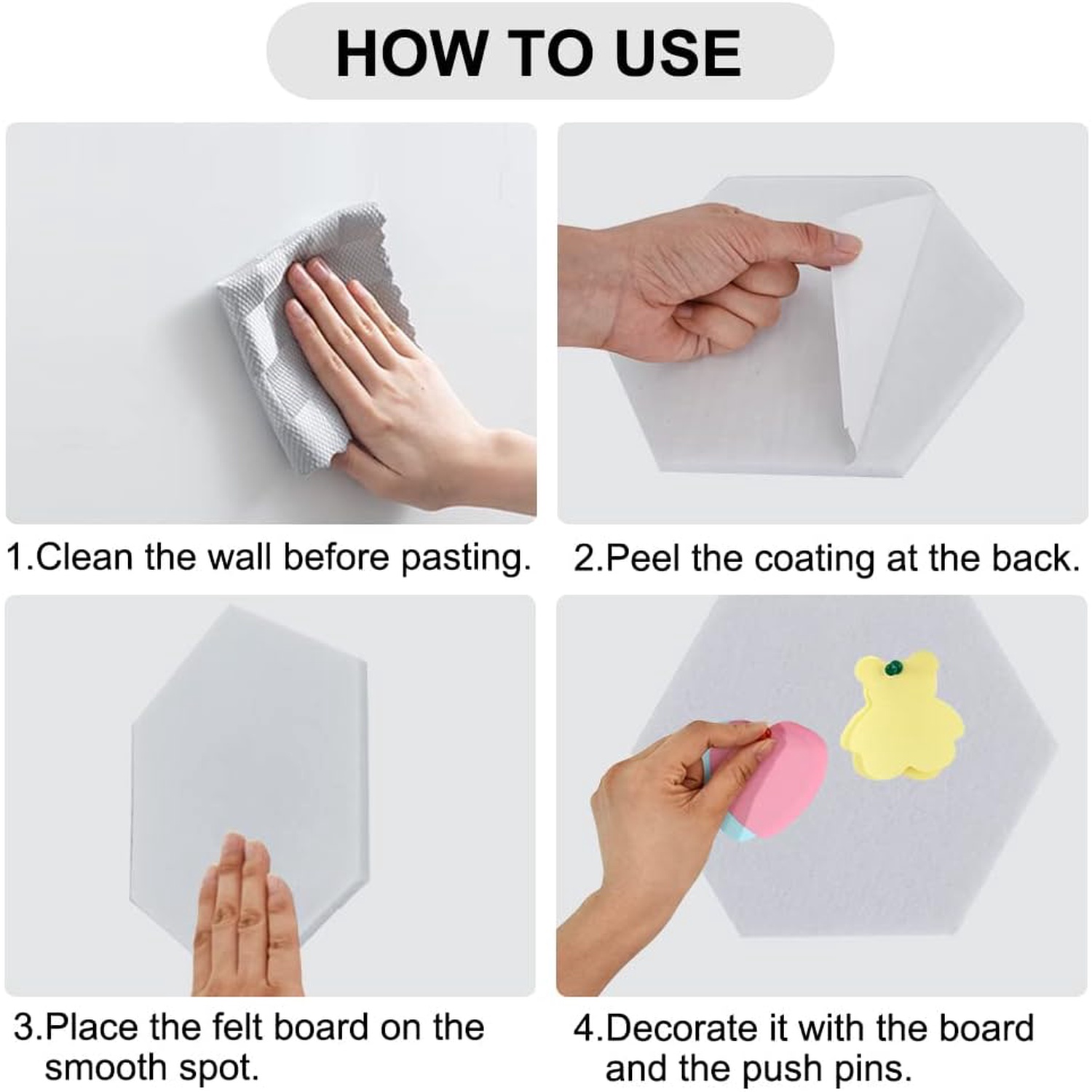 6 Pcs Hexagon Bulletin Board with 50 Pushpins & Sticky Note Adhesive Cork Board for Wall，Felt Pin Board for School，Office Decor（White）