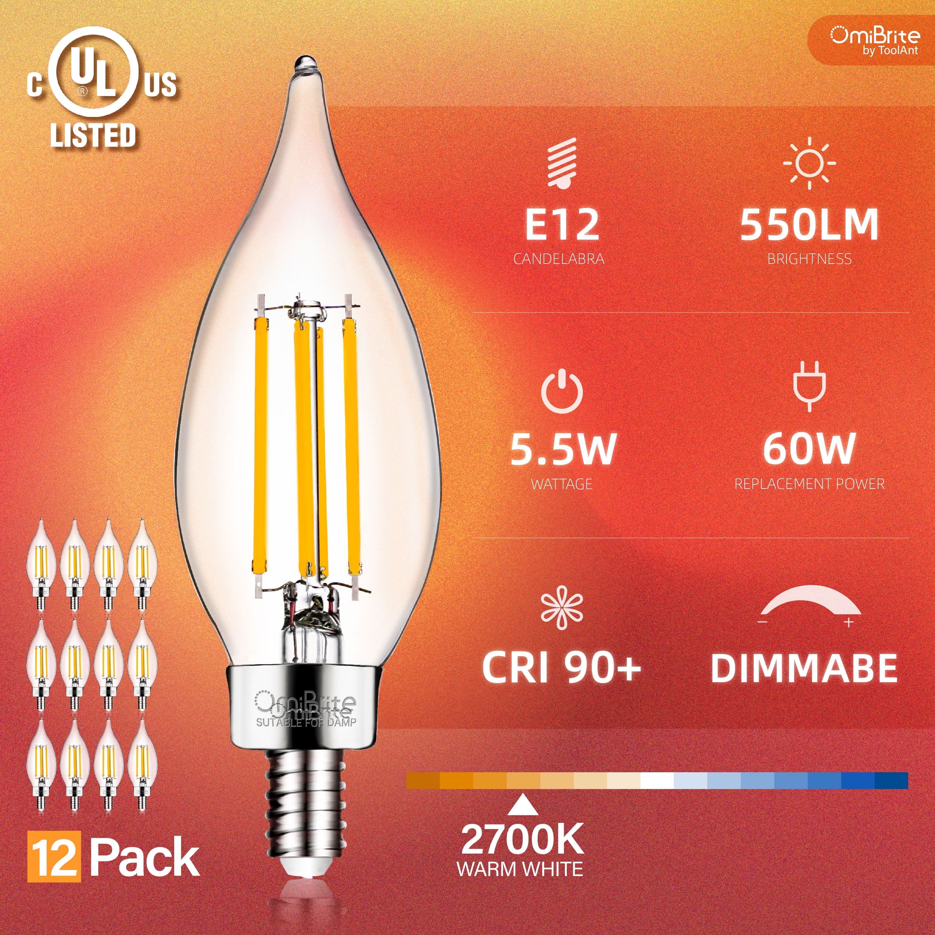 Berolige Optimisme katalog OmiBrite 12-Pack Dimmable LED Decorative Light Bulbs, E12 Small Base, 5.5w  550lm (60w Equivalent) Warm White, UL-Listed - Walmart.com