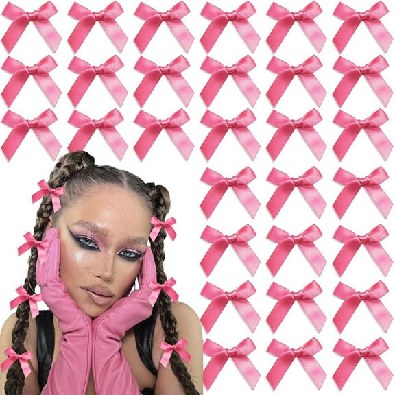 Vorkoi 30PCS Bow Hair Clips Hot Pink Mini Hair Bows Kawaii Hair Ribbons Clips Satin Bow Hair Accessories for Women Girls