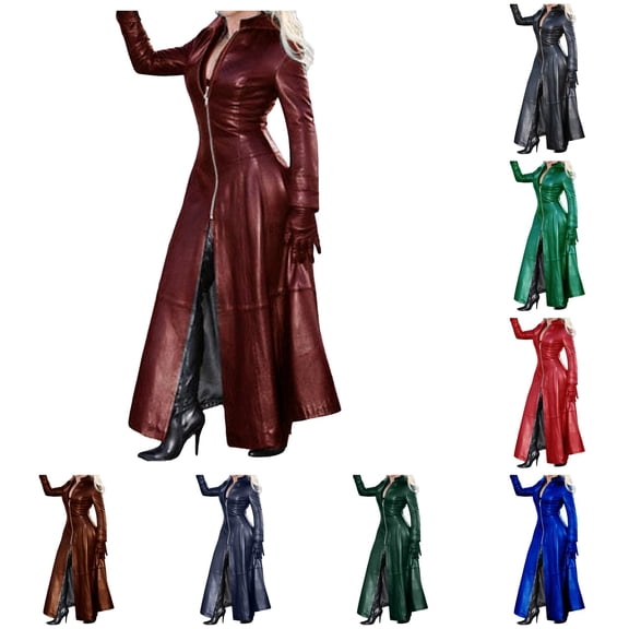 XIAOCHA Womens Long Leather Trench Coat Silhouette Zip Front Night Out Outerwear