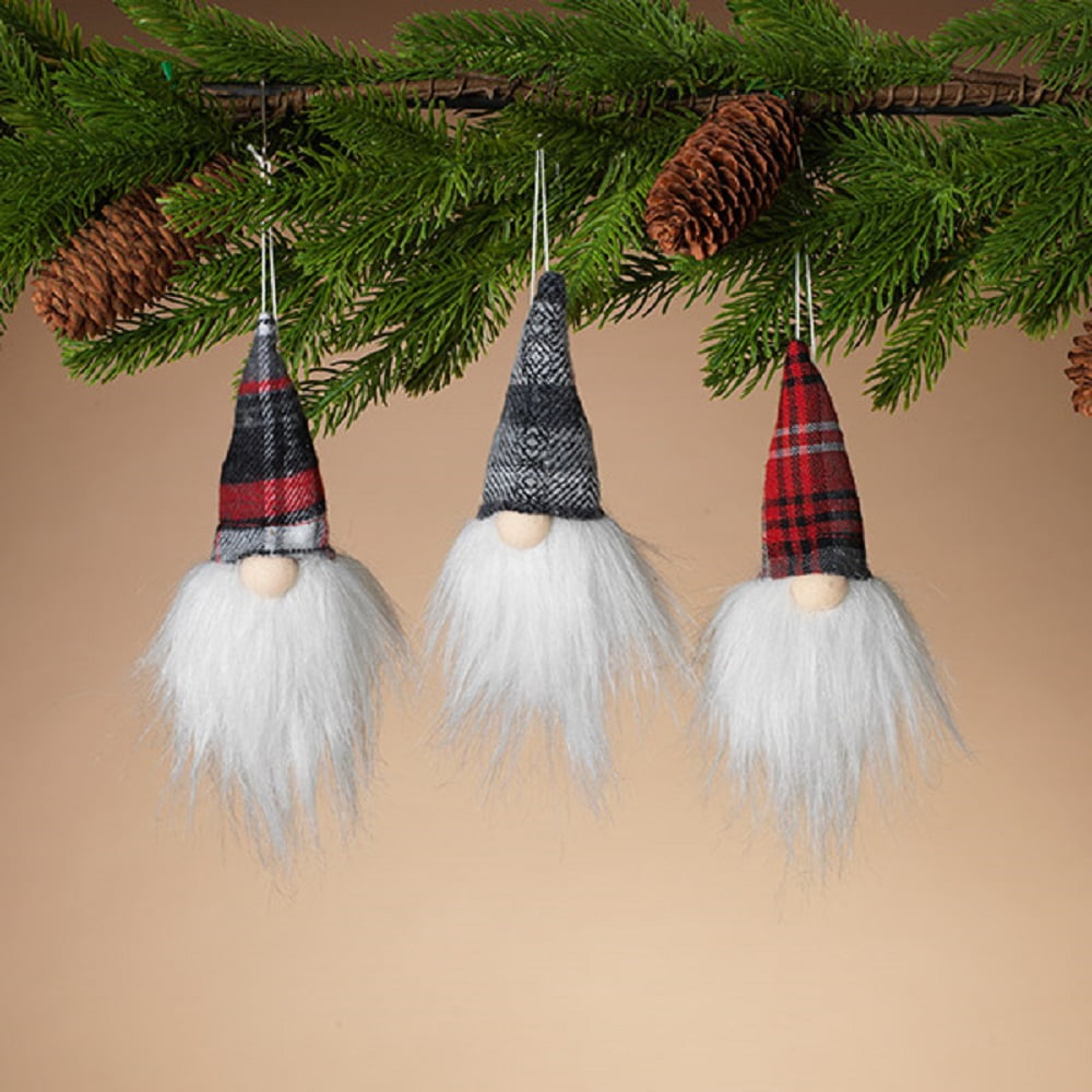 Holiday Gnomes with Plaid Hats Plush Christmas Tree Ornaments Set of 3