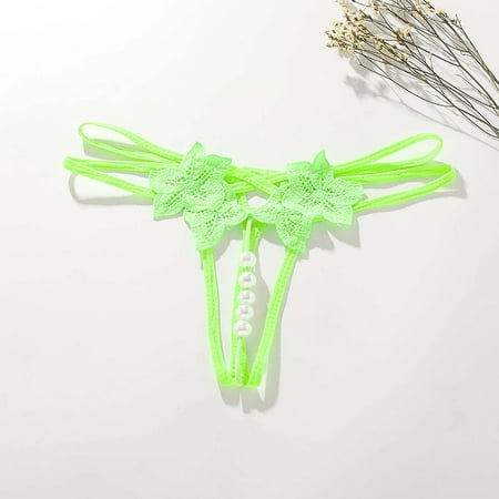 Luxalzxs Womens Sexy Pearl G String Tongs Low Waist Hollow Out Y-Back Flowers Embellished Underwear Valentine Underpants Open Cut Panties Lingerie