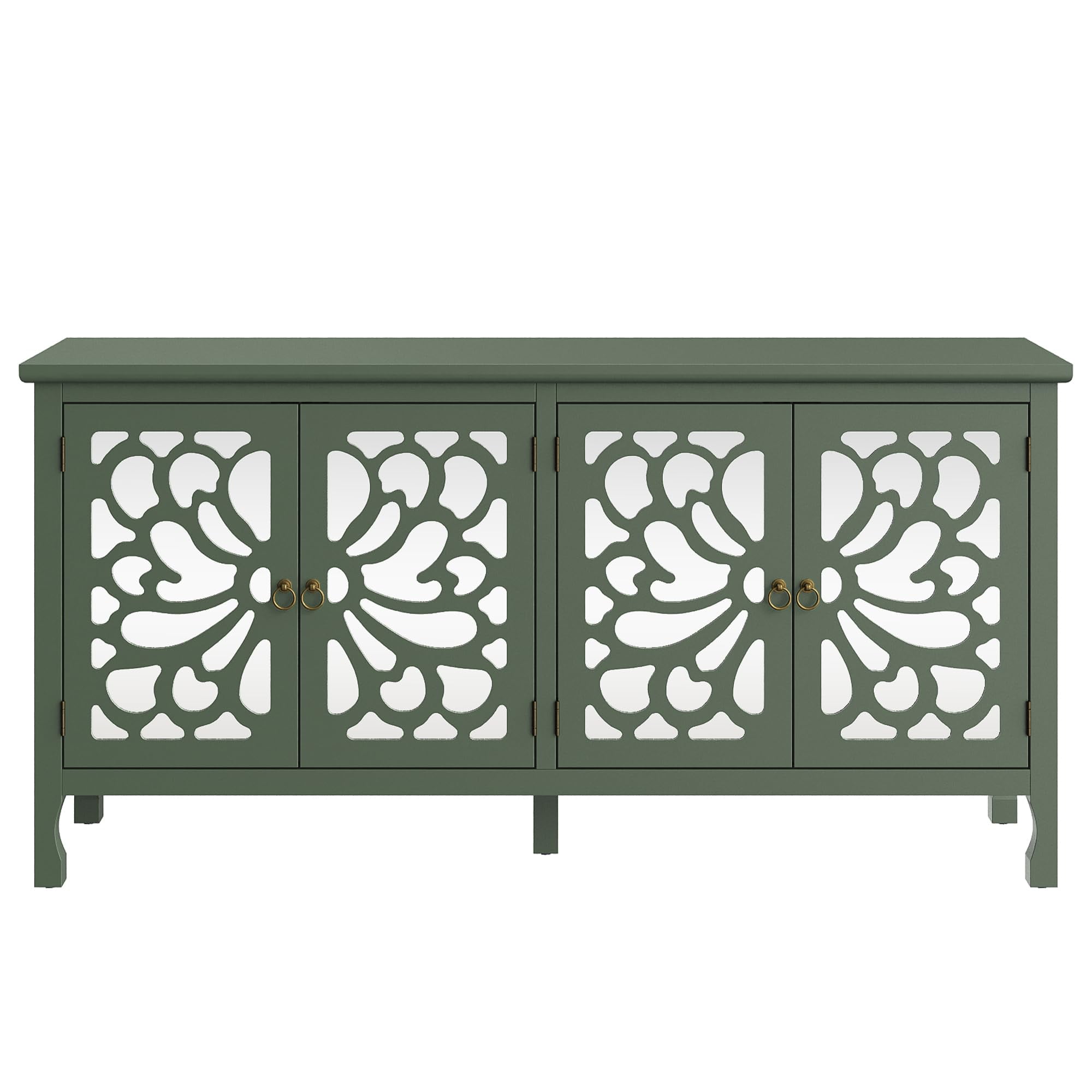 CozyHome 63" Carved Buffet Cabinet with Mirrored Door, Modern Console Cabinet with Storage and Adjustable Shelves, Wood Media Cabinet for Entryway, Living Room, Bedroom, Dining Room, Bathroom (Green)