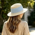 thumbnail image 2 of SGMVNU Fashion Sun Hats for Women, Wide Brim Retro Flat Top Panama Boater Straw Hats Vacation Beach Hat Packable, One Size, Blue, 2 of 9