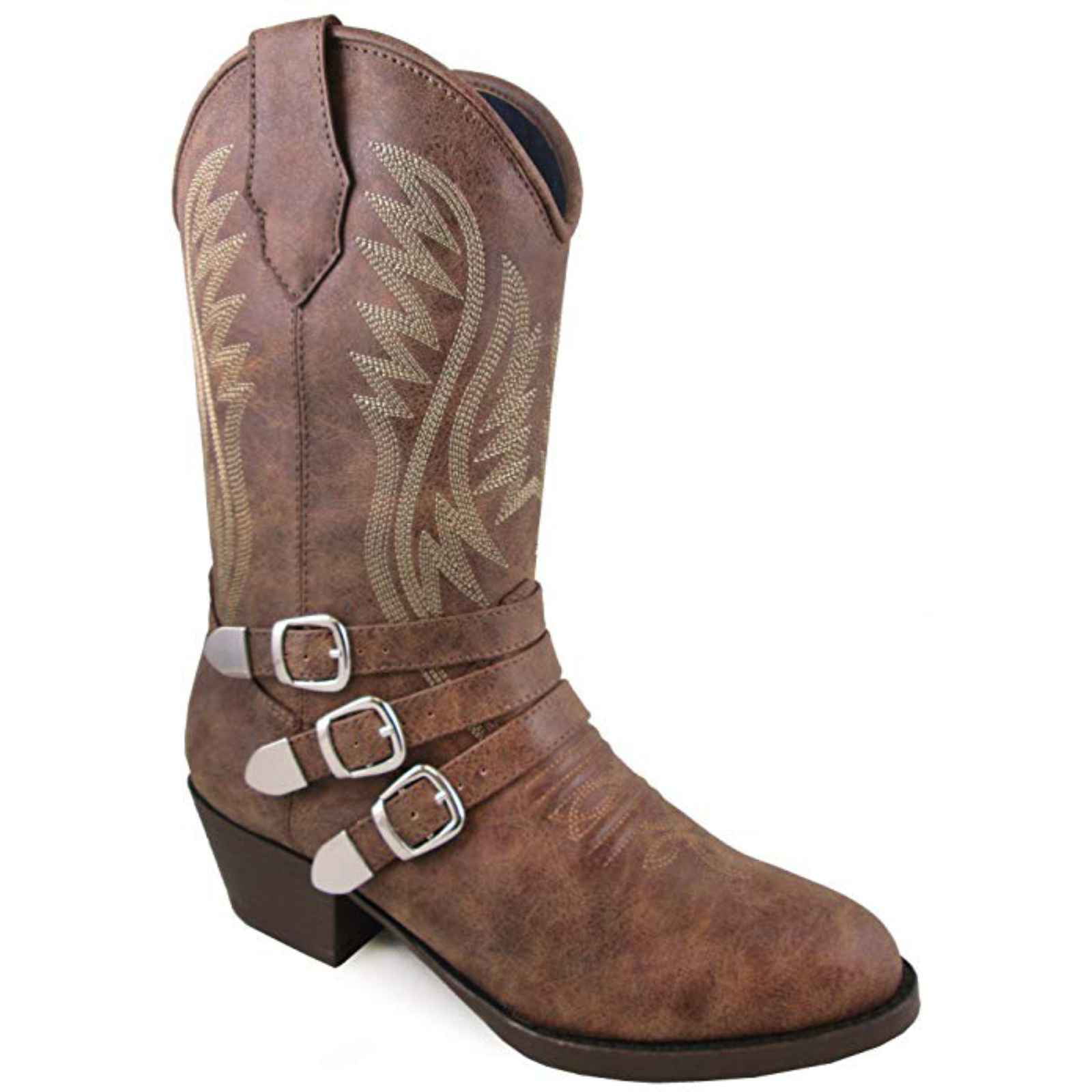BROWN TAN FAUX LEATHER SIZE 6 7 8 9 10 11 12 WESTERN COWBOY PULL ON BUCKLE BOOTS 