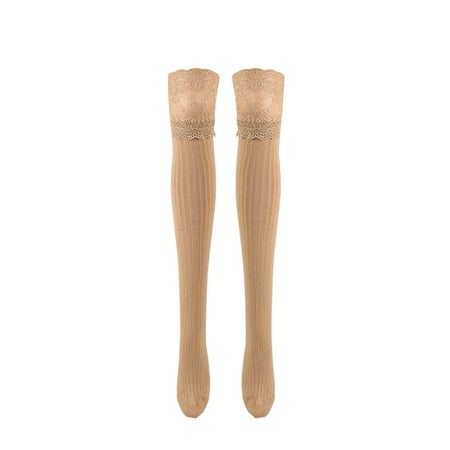 

JunDanmall 1Pair Lace Thigh Stocking Breathable High Elasticity Daily Costume Vertical Stripes Rib Knit Thigh Stocking for Women