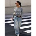 thumbnail image 6 of Women's Off Shoulder Top Cinched Waist Long Sleeve Crop T Shirts Tops Y2k Going Out Gray L, 6 of 9