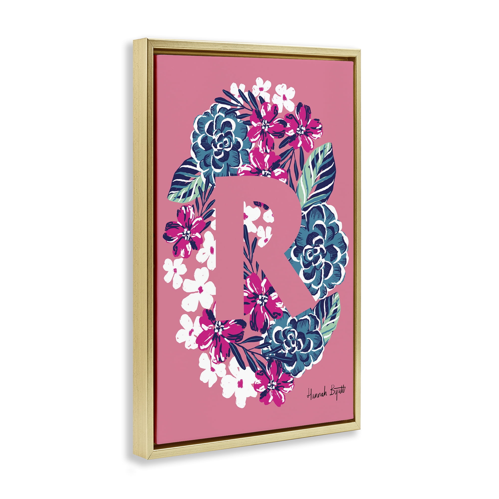 Stupell Industries Floral Bloom Letter R Botanical & Floral Painting Gold Floater Framed Art Print Wall Art, 17 x 25