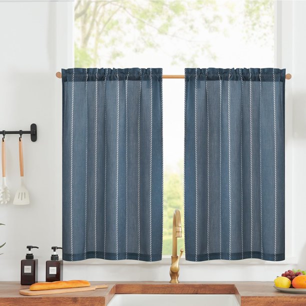 Cortina Jinchan de lino para cocina, 61 x 61 cm, a rayas, color azul marino