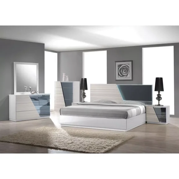 4 Piece Lacquer Finish Wood Bedroom Set, California King Bed, Nightstand Dresser & Mirror, LED Lighting, White/Gray