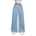 thumbnail image 2 of Wutalume High Waisted Jeans for Women Drawstring Wide Leg, Adjustable Loose Straight Cut Denim Pants for Casual Comfort,Light Blue S, 2 of 5