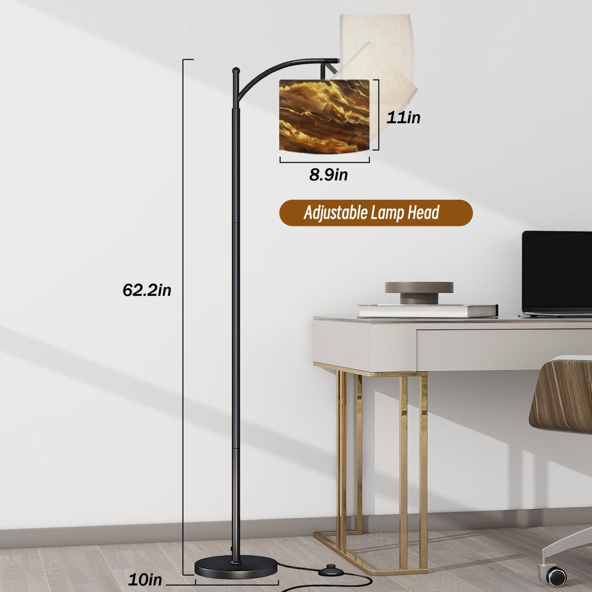 Arc Floor Lamps Gold flowing marbled stone backdrop shades brown A glittering luxury Modern LED Adjustable Lampshade Standing Light for Living Room Reading Bedroom Office