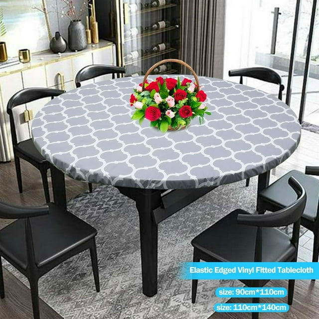 Fitted Vinyl Tablecloth Flannel Backed & Elastic Edge Table Cover Indoor Outdoor Fitted Vinyl Wipeable Table Protector 35‘‘-43”/43”-55‘‘ Diameter for Home