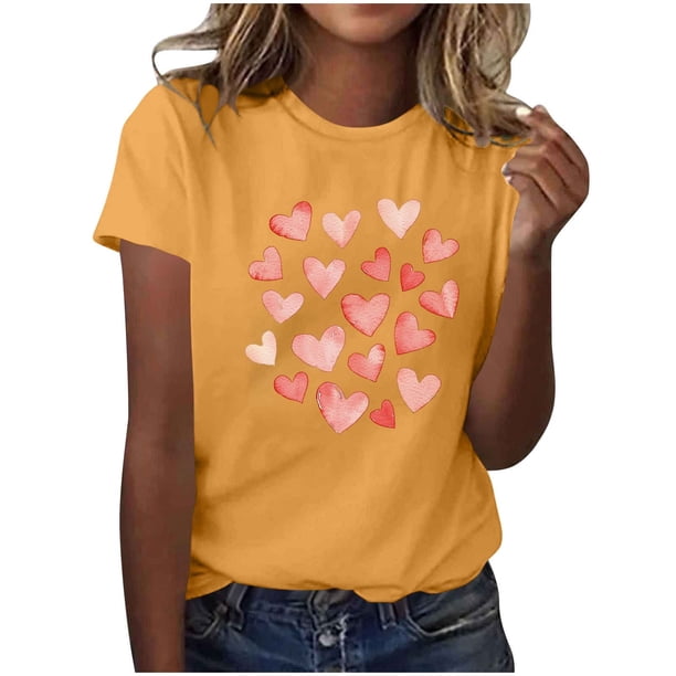 Camiseta de Manga Corta de Cuello Redondo con Patrones de Corazón de Moda de las Mujeres para Diario, Fiesta, Primavera Y Verano