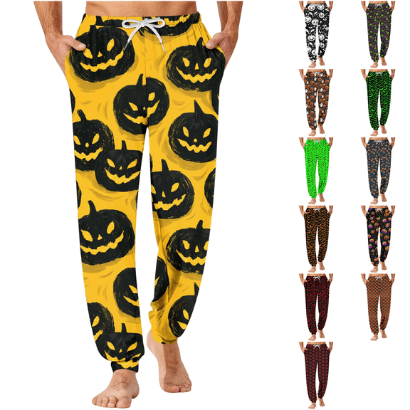 Evdexr Men's Halloween Pajamas 2026 Pumpkin Ghost Bat Printed Pajama Pants Drawstring Elastic Waist Joggers Casual Big and Tall Lightweight Pants with Pocket XL