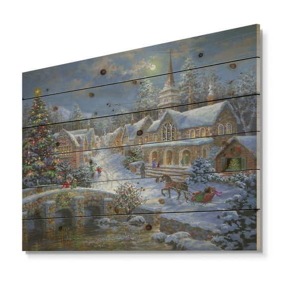 Designart 'Christmas Paradise with church snow and open sleigh' Print on Natural Pine Wood