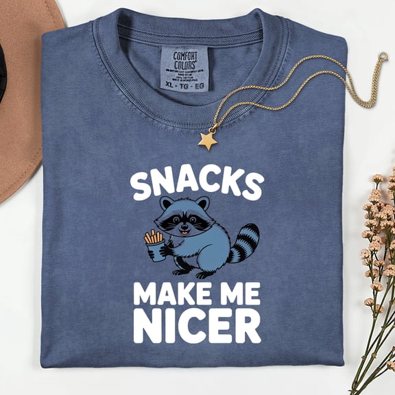Funny Raccoon Snacks Make Me Nicer T-Shirt, Cute Animal Foodie Tee, Retro Vintage Snack Lover Shirt, Funny Raccoon Meme Shirt