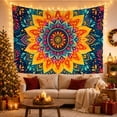 thumbnail image 3 of Yellow Floral Mandala Against Teal Leaves, Playful Boho for Art Lovers, Colorful Statement Decor, Housewarming Gift, Tapestry Wall Hanging for Bedroom and Studio, 3 of 7