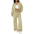 thumbnail image 4 of Women's 2 Piece Zip Up Sweatshirt and Jogger Set, Solid Color Casual Set, Loungewear Outfit, Drawstring Waist Tracksuit, Two Piece Activewear Set Beige L, 4 of 9