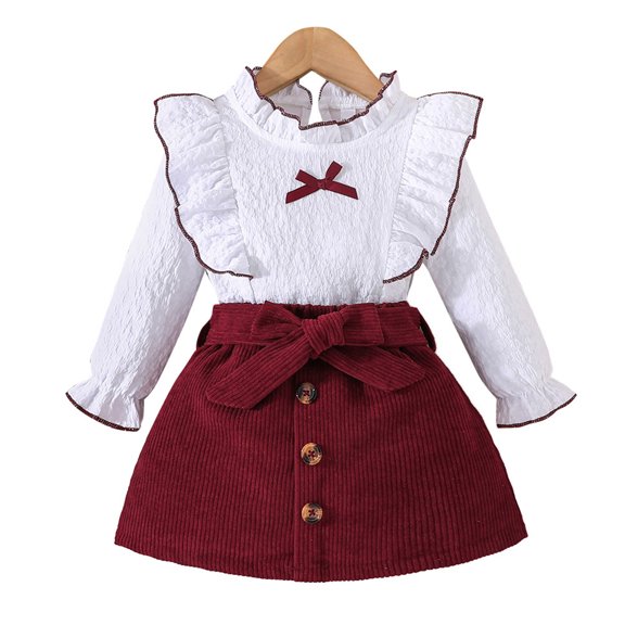 GYRATEDREAM Toddler Baby Girl Skirt Outfits Fall Winter Clothes Long Sleeve Ruffle Pullover Top & Button Mini Skirts Set