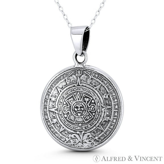 Mayan Calendar & Aztec God Tlaltecuhtli 37x26mm (1.5x1in) Pendant & Chain Necklace in Oxidized .925 Sterling Silver