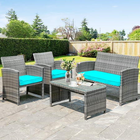 walsunny 4 piece patio ratten set outdoor furniture set wicker conversation set with cushions and tempered glass tabletop blue