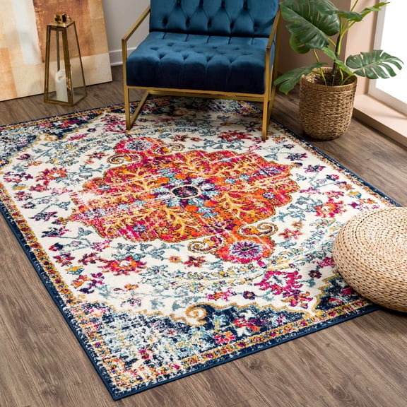 Hauteloom New Bodrum Oriental, Traditional Hallway, Kitchen Runner Rug - Colorful Floral Medallion Long Carpet - Vintage Distressed - Orange, Red, Purple, Dark Blue - 2'7" x 7'3"