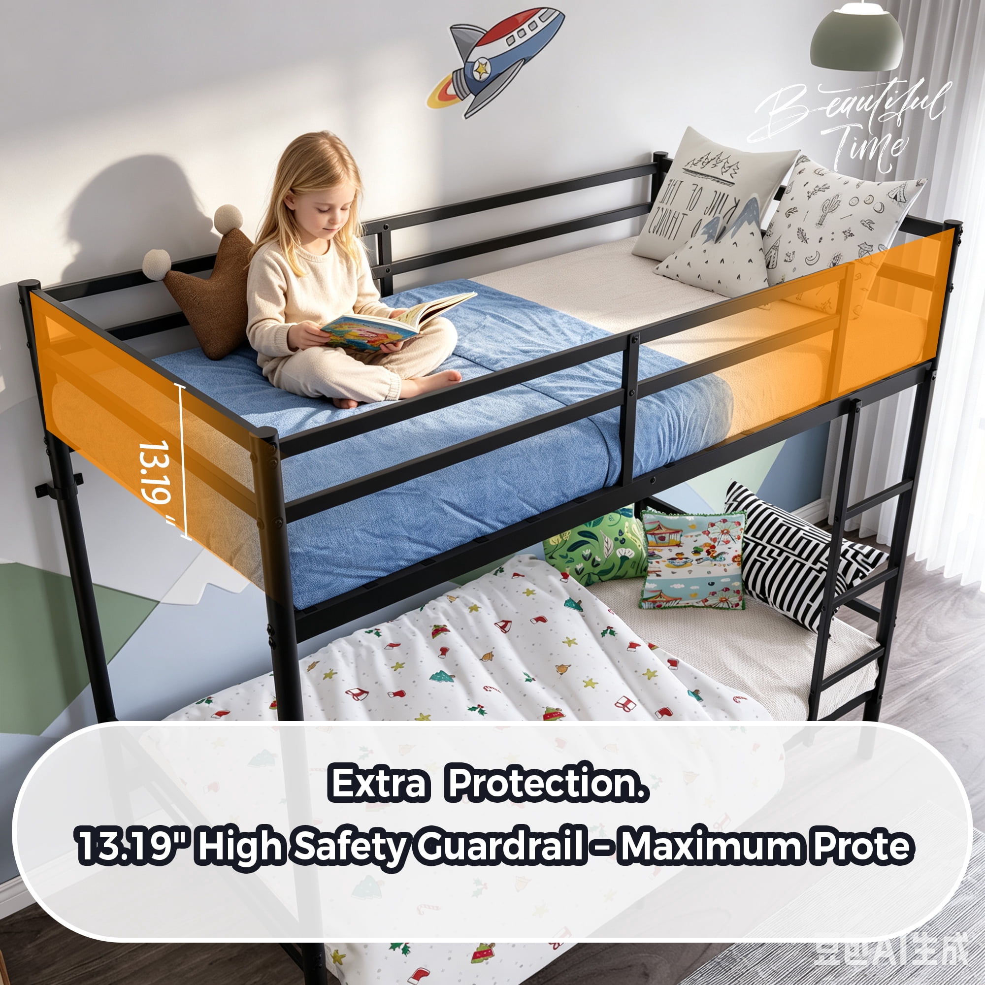 Twin Over Twin Metal Bunk Bed with High Guardrail & Ladder, Noise Free with Storage Space