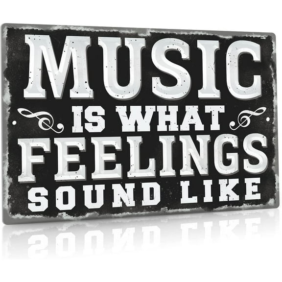 Metal Vintage Music Sign, Retro Wall Decor for Coffee Bar, Man Cave, Garage, 12x8 Inches Aluminum Sign (Music Is What Feelings Sound Like)