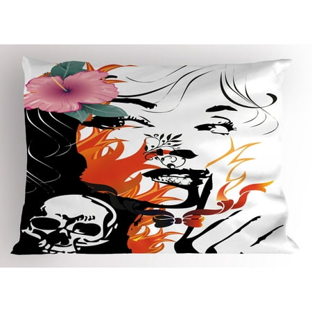 Tattoo Pillow Sham Attractive Women with Pink Flower in her Hair near a Skull Design, Decorative Standard Queen Size Printed Pillowcase, 30 X 20 Inches, Orange Pink Black and White, by