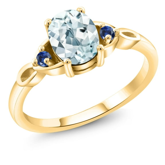 Gem Stone King 18K Yellow Gold Plated Silver Sky Blue Aquamarine and Blue Created Sapphire 3-Stone Rings for Women (1.29 Cttw, Gemstone March Birthstone, Oval 8X6MM, Size 5)