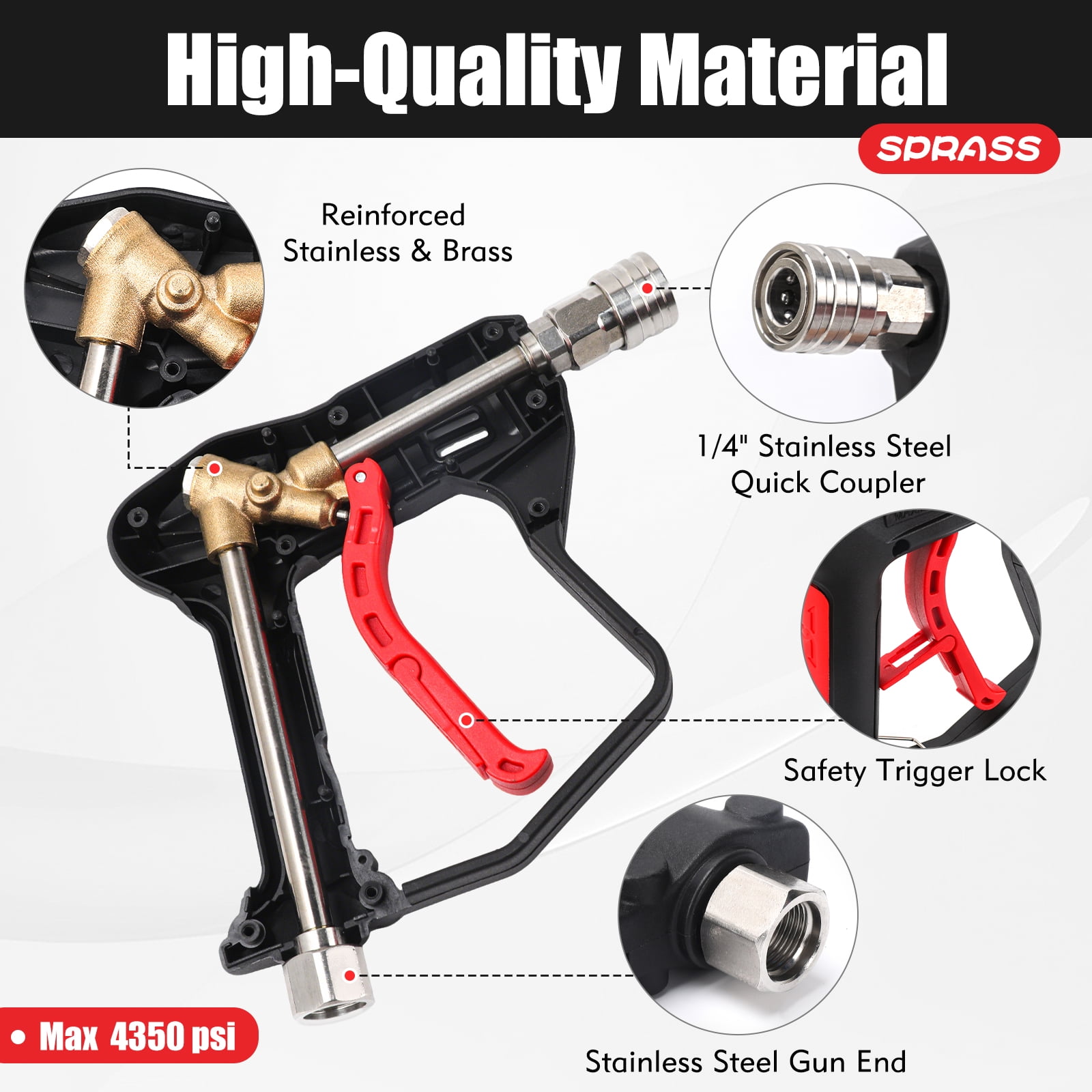Short Pressure Washer Gun, 4350 PSI Power Washer Trigger Gun with 1/4" Quick Connect, 3/8" Male Plug, M22-14mm & 15mm Fittings, Compatible with Foam Cannon
