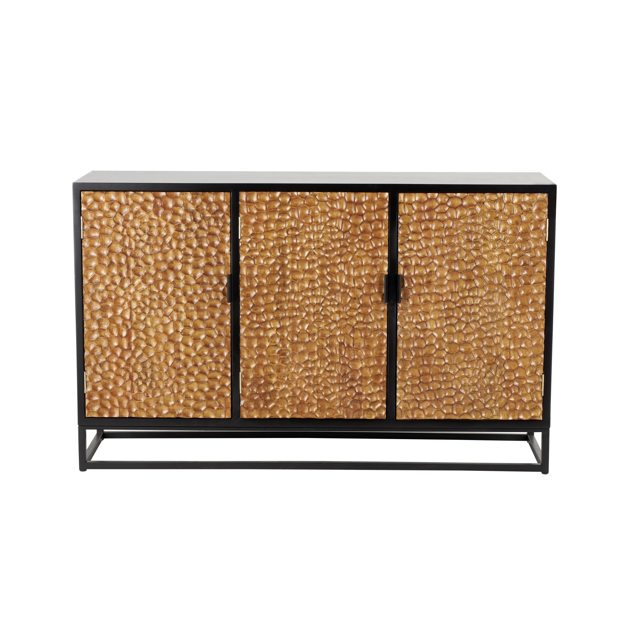 DecMode 52" x 32" Brown Wooden Handmade Carved Pebbled 3 Door Sideboard with Black Metal Frame, 1-Piece