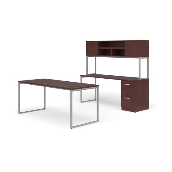 OFM Fulcrum Series Office Furniture Set, 72" Table Desk, 72" Credenza, Lateral 2-drawer Filing Cabinet, Hutch, in Mahogany