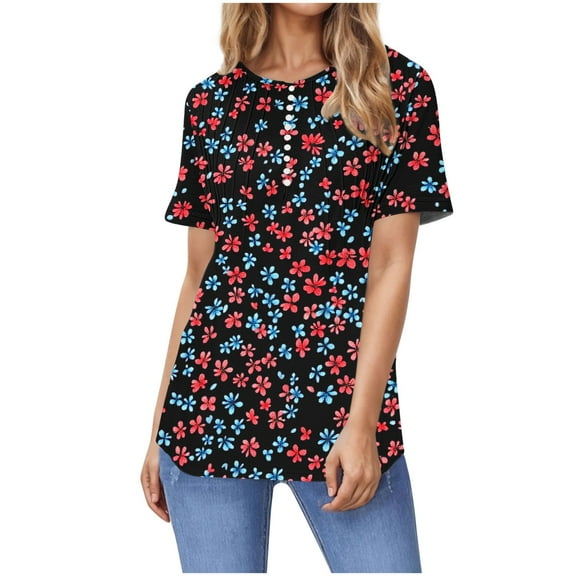 Youyipin Womens Tops Spring Fashion Summer Shirts Tunic Print Short Sleeve Crew Neck Loose Fit Blouses Spring Tops For Women