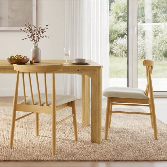 ReNest Modern Dining Chair with Basketweave Fabric, Oak Rubberwood Frame, Set of 2, Beige