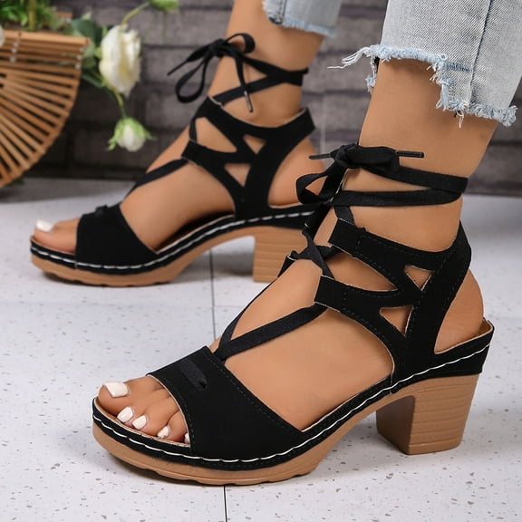 Hoshose New Summer Women Chunky Sandals Ankle Strap Hollow out Non Slip Summer Fashion Walking Outdoor Sandals Arch Support