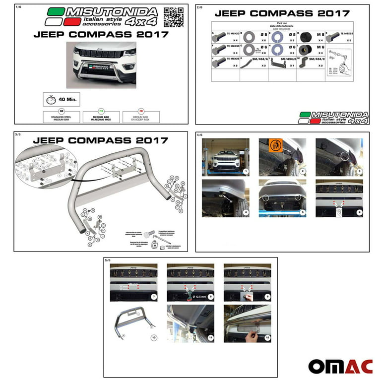 Omac Bull Bar Front Bumper Grill Guard Stainless Steel Fits Jeep Compass 2017-2023, Size: One size, Black