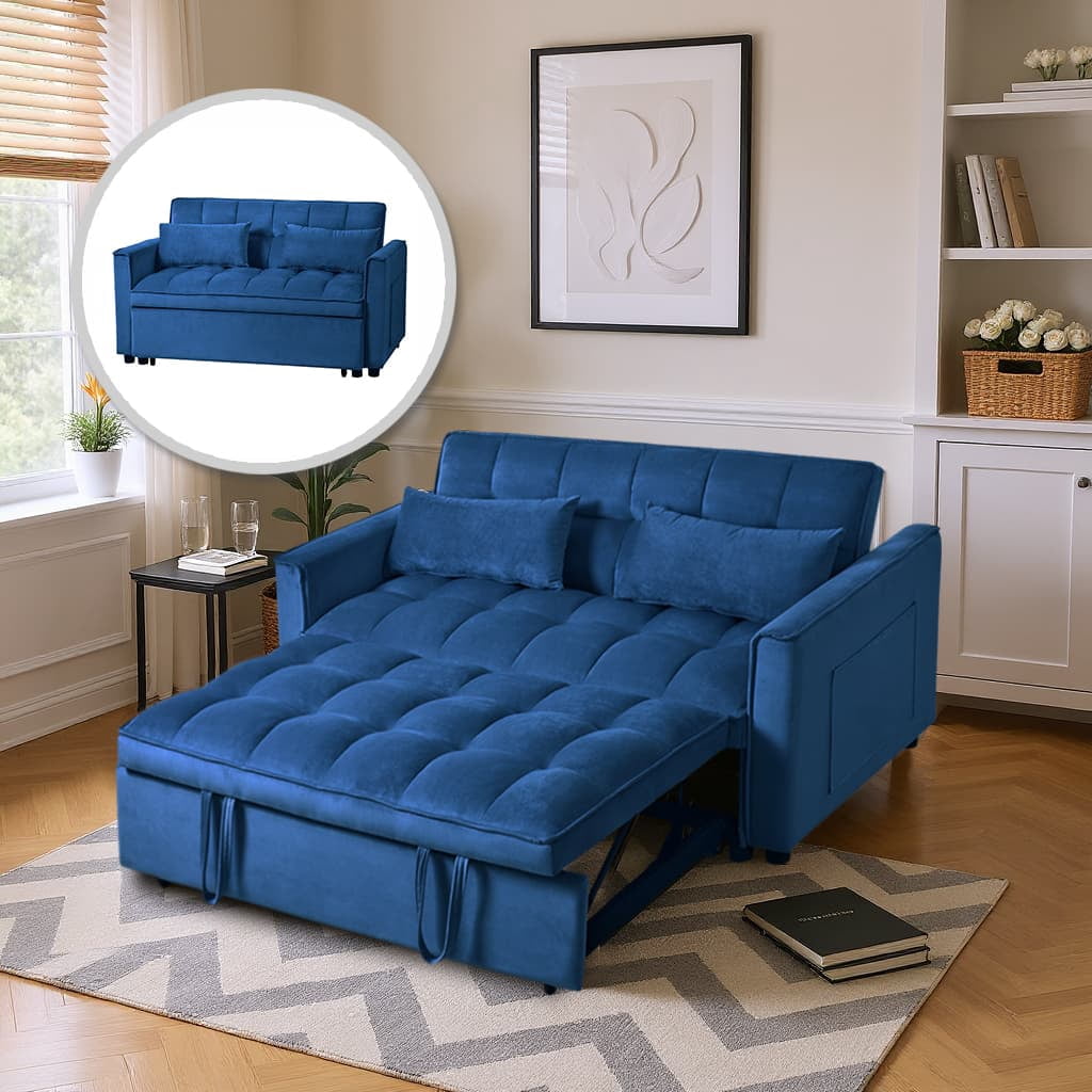 Gewnee 3-in-1 Convertible Futon Sofa Bed – 52.75" Velvet Pull-out Sofa Bed with Reclining Backrest,Side Pockets & 2 Toss Pillows – for Living Room,Apartment,Dorm(Navy Blue）
