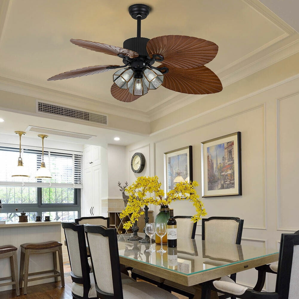 DUYIWAA 52'' 5 Blades Ceiling Fan with Light Tropical Palm Leaf Fan Chandelier Reversible Fan Light Remote Control