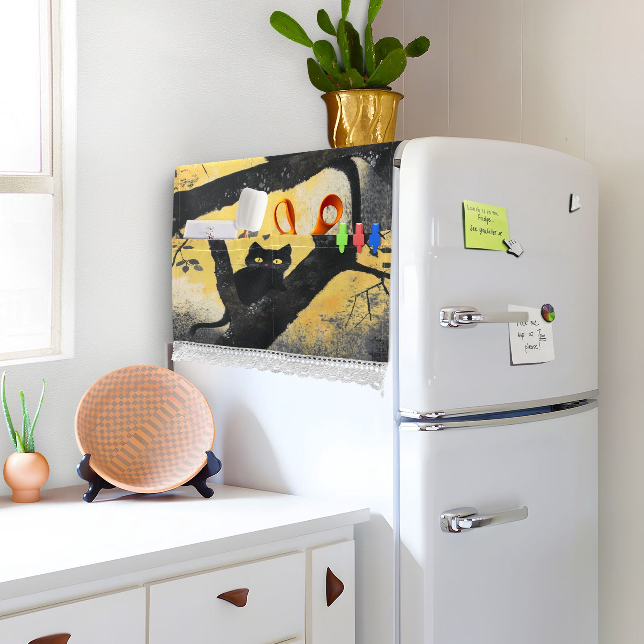 Black CatWasher and Dryer Covers Dust-Proof and Oil Resistant Fridge Cover with 4 Storage Pockets Washing Machine Top Cover for Laundry Kitchen Home 51.2 x 22 In